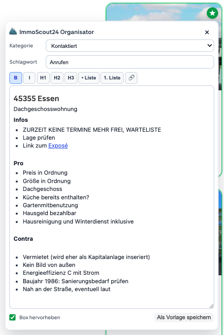 Notiz-Editor des Immo Organisators direkt am Favoriten
