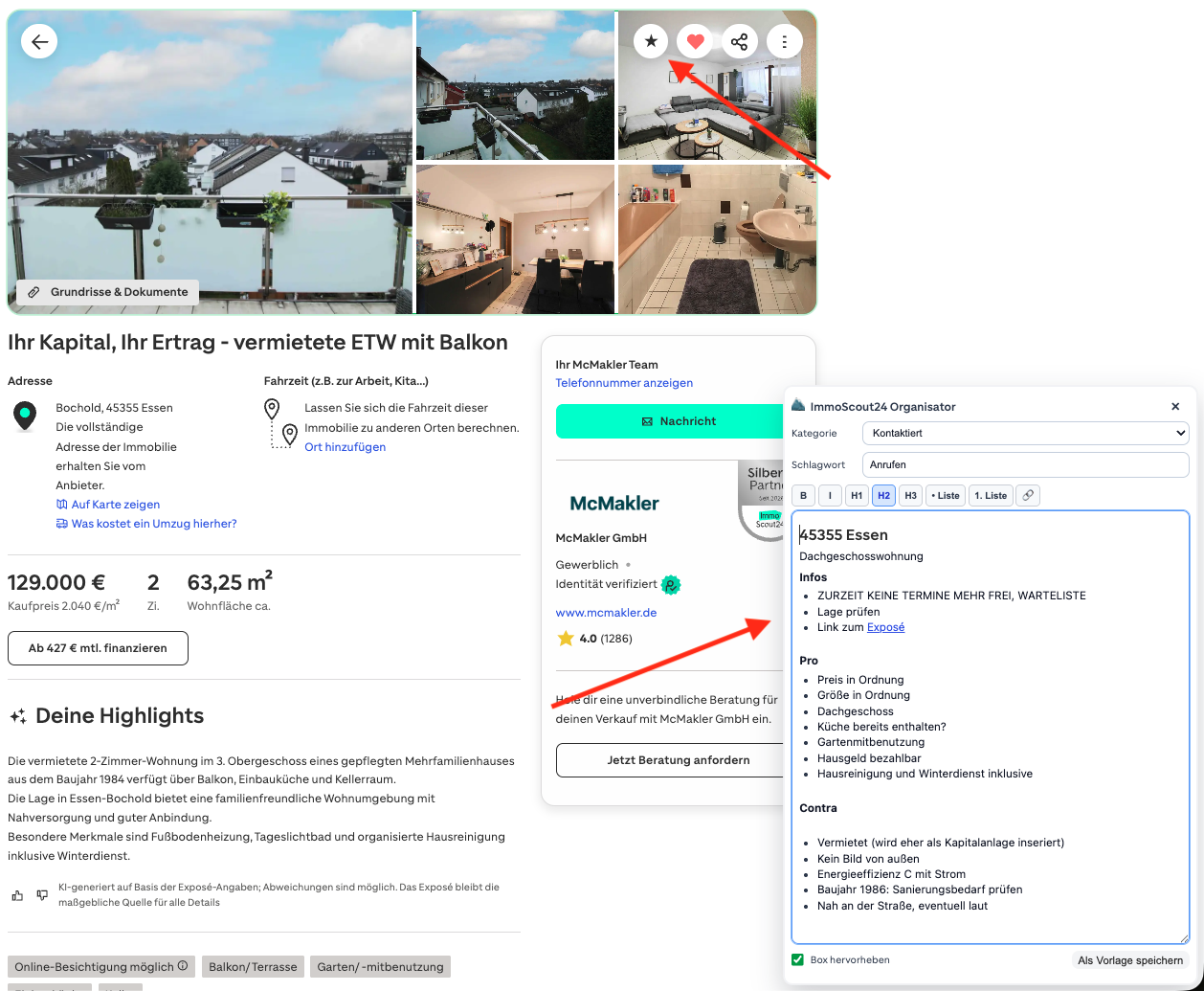 Exposé-Seite mit geöffnetem Immo Organisator
